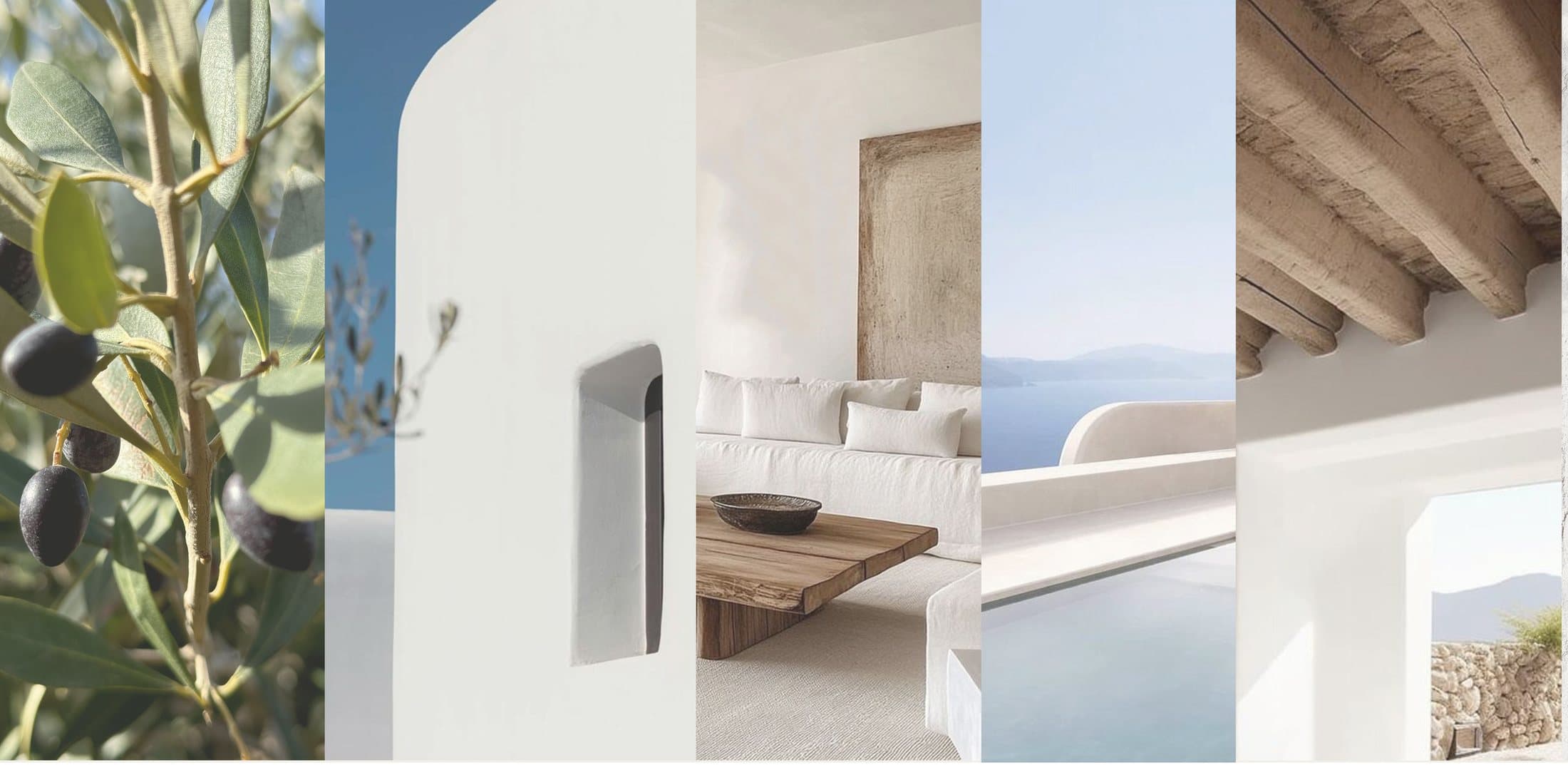 Five panels side by side: an olive branch in fruit, a curved whitewashed wall, a linen sofa beside a low timber table, a pool edge meeting the sea, and a beamed terrace open to the hills.